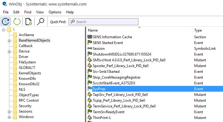 Figure 4. Sysinternals’ WinObj showing the SysPrep event object on a compromised system