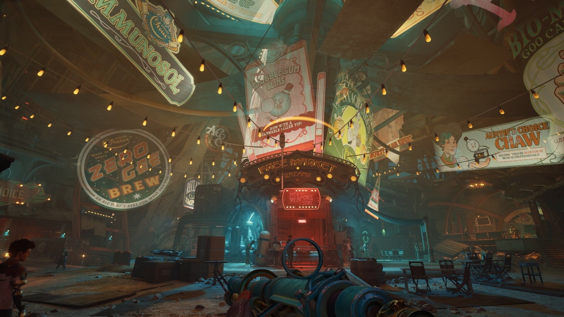A vendor market is shown in a sci-fi setting.