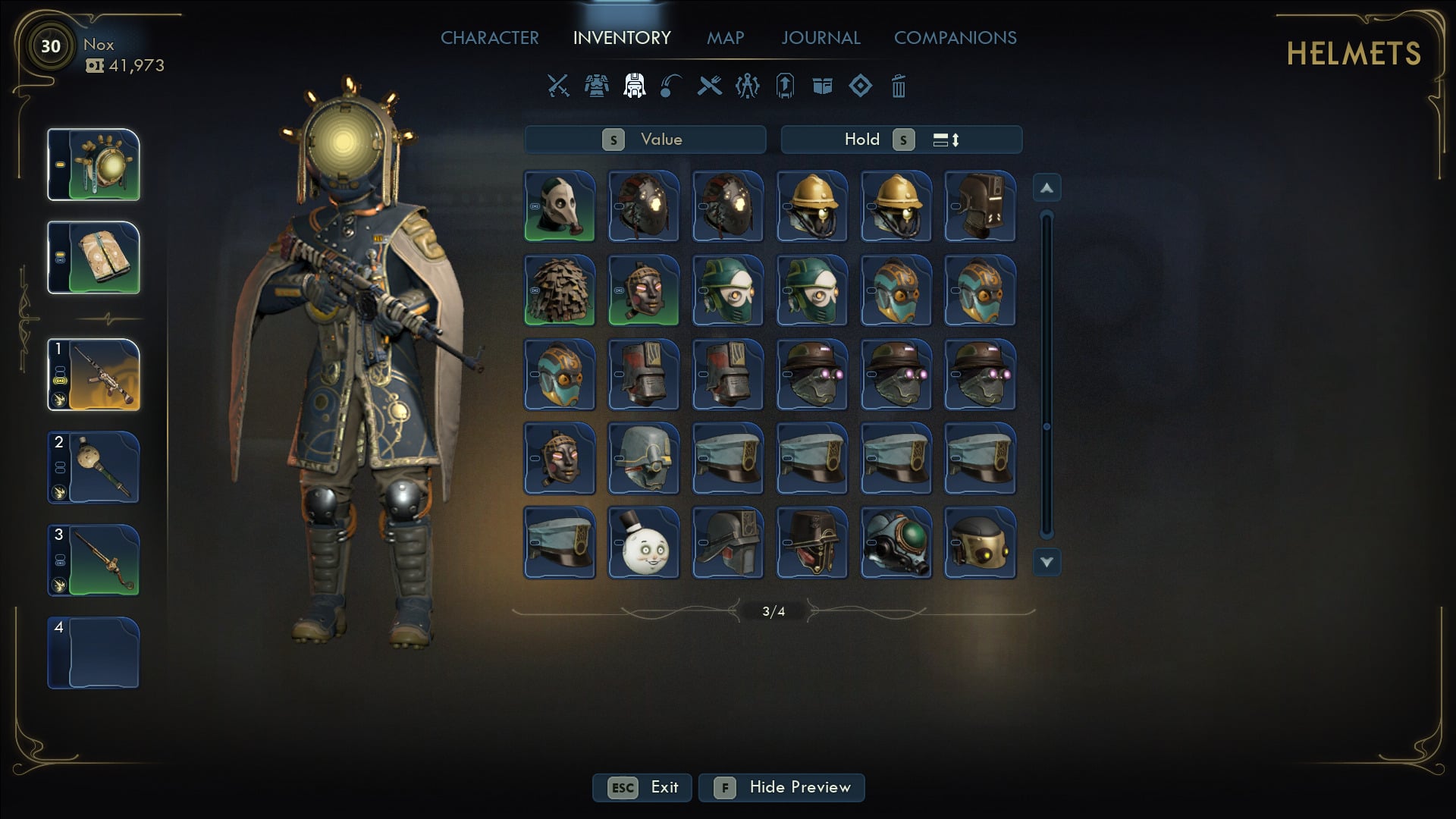 An inventory screen shows helmets. 