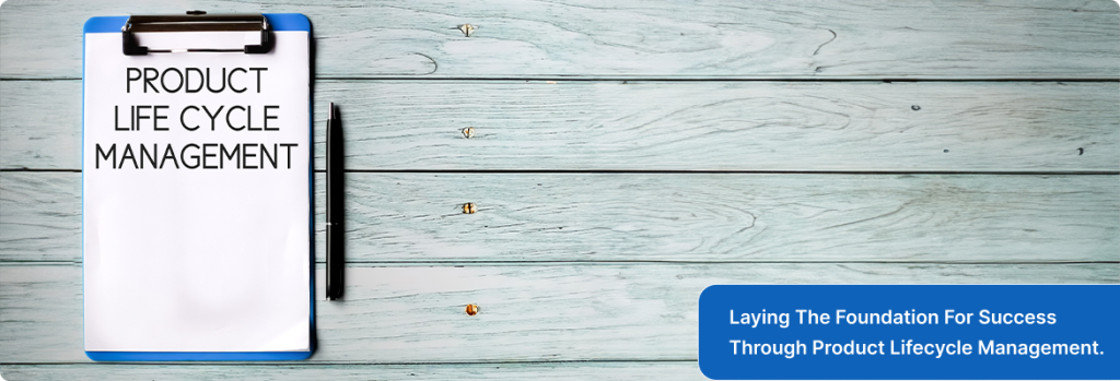 A clipboard with a printed title “Product Life Cycle Management” and a pen lying next to it, suggesting planning or management activity.