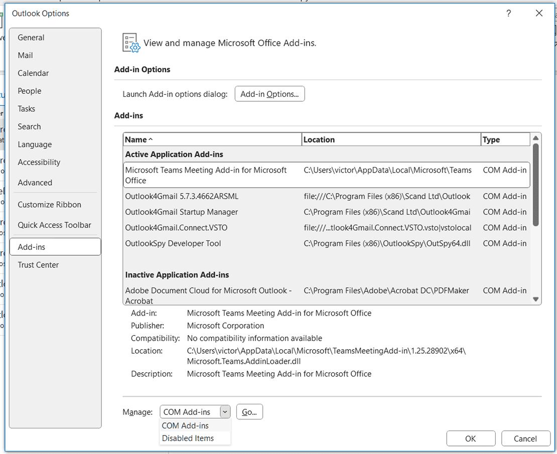 Enabling and disabling COM add-ins in Outlook settings