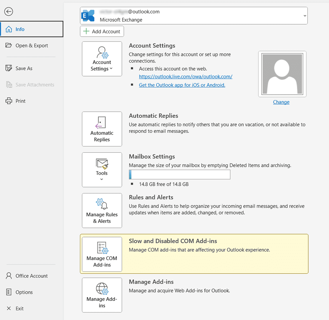Slow and Disabled COM Add-ins section in Outlook